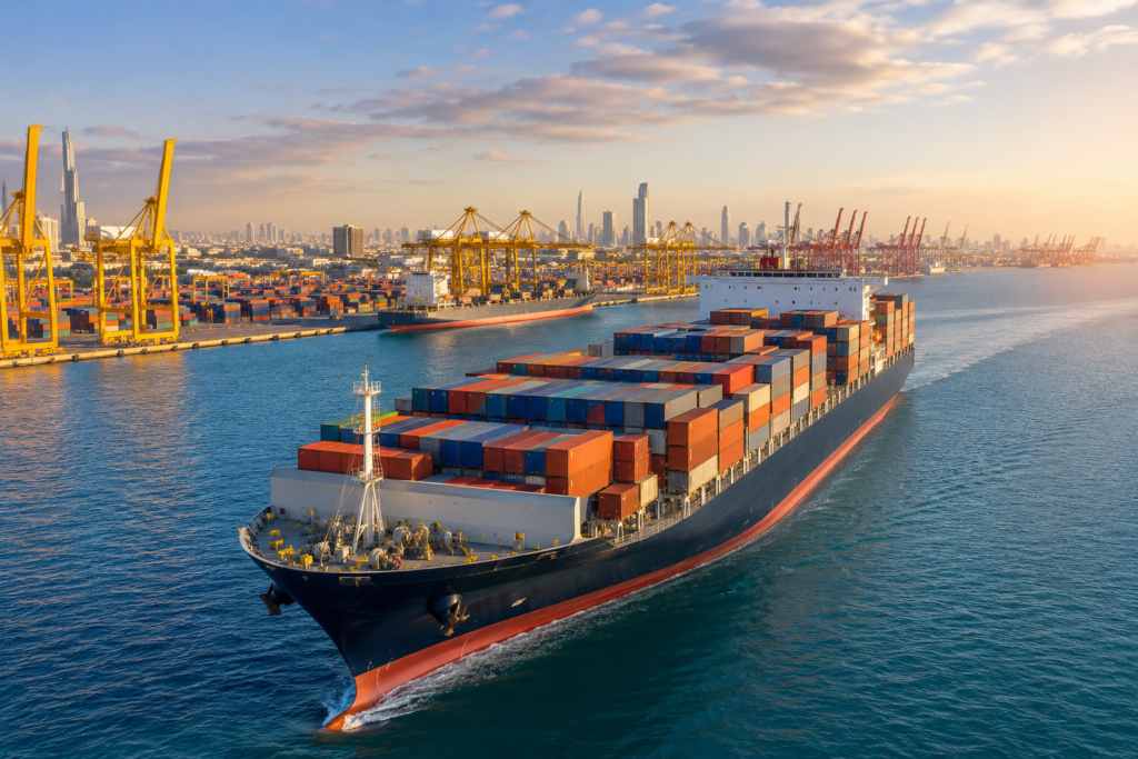 Container ship leaving a Middle Eastern port as shipping services begin a three-month recovery