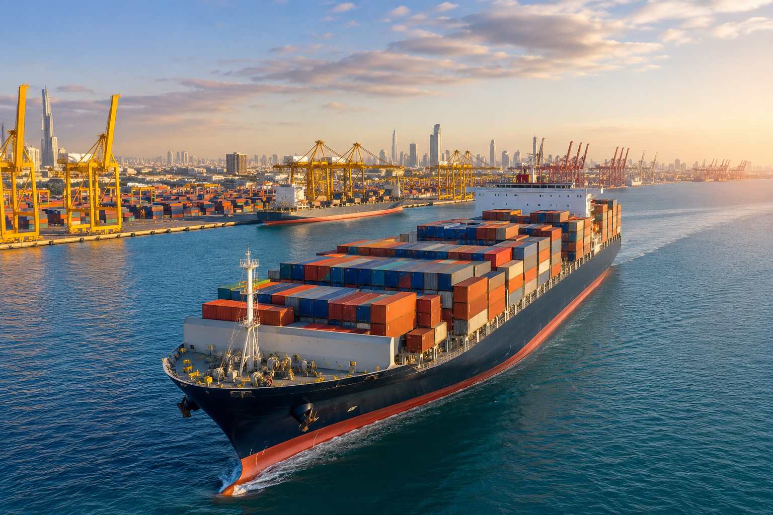 Container ship leaving a Middle Eastern port as shipping services begin a three-month recovery